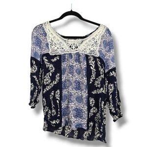 Bila Blue Floral Crochet Trim Peasant‎ Blouse Bohemian Top Medium